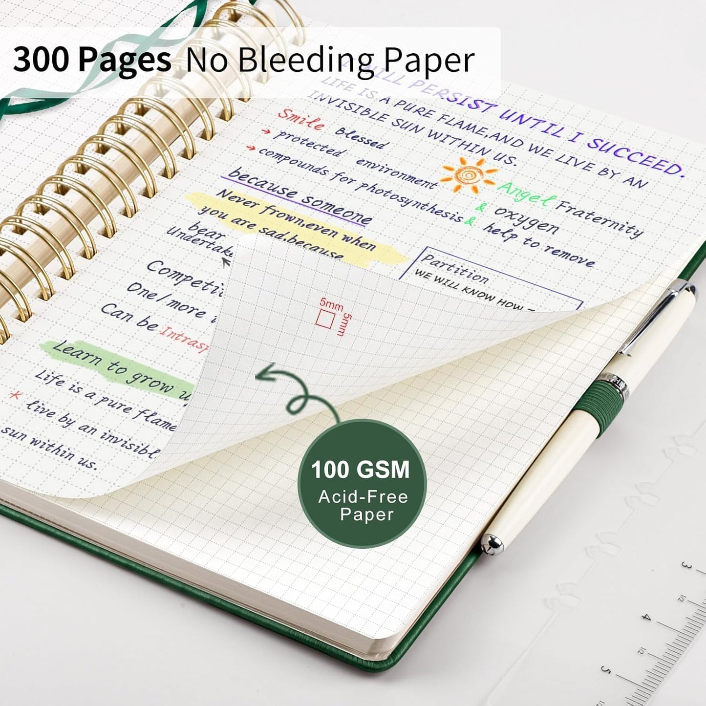 EMSHOI Spiral Graph Paper Notebook - 300 Pages, 100 GSM Thick Grid Notebook, A4 Large Hardcover Leather Journal for Women Men Work School Writing Engineering Graphing, 8.27" x 11.2", Dark Green