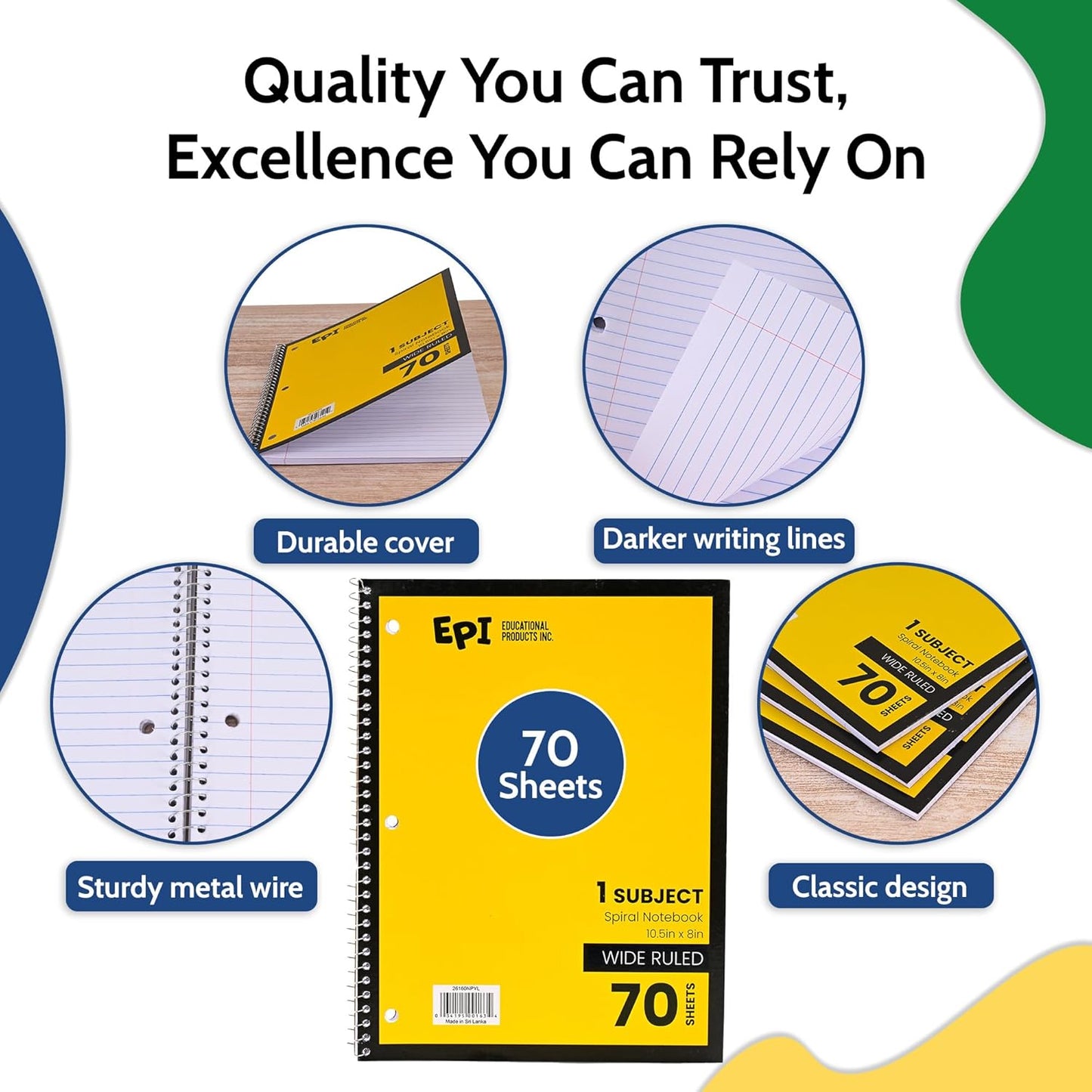 EPI Spiral Notebook | Wide - 70 Sheets, Durable Spiral Binding | 10.5 x 8 in | Classroom Supplies | School, Office, Note Taking, Journaling - 12 Pack