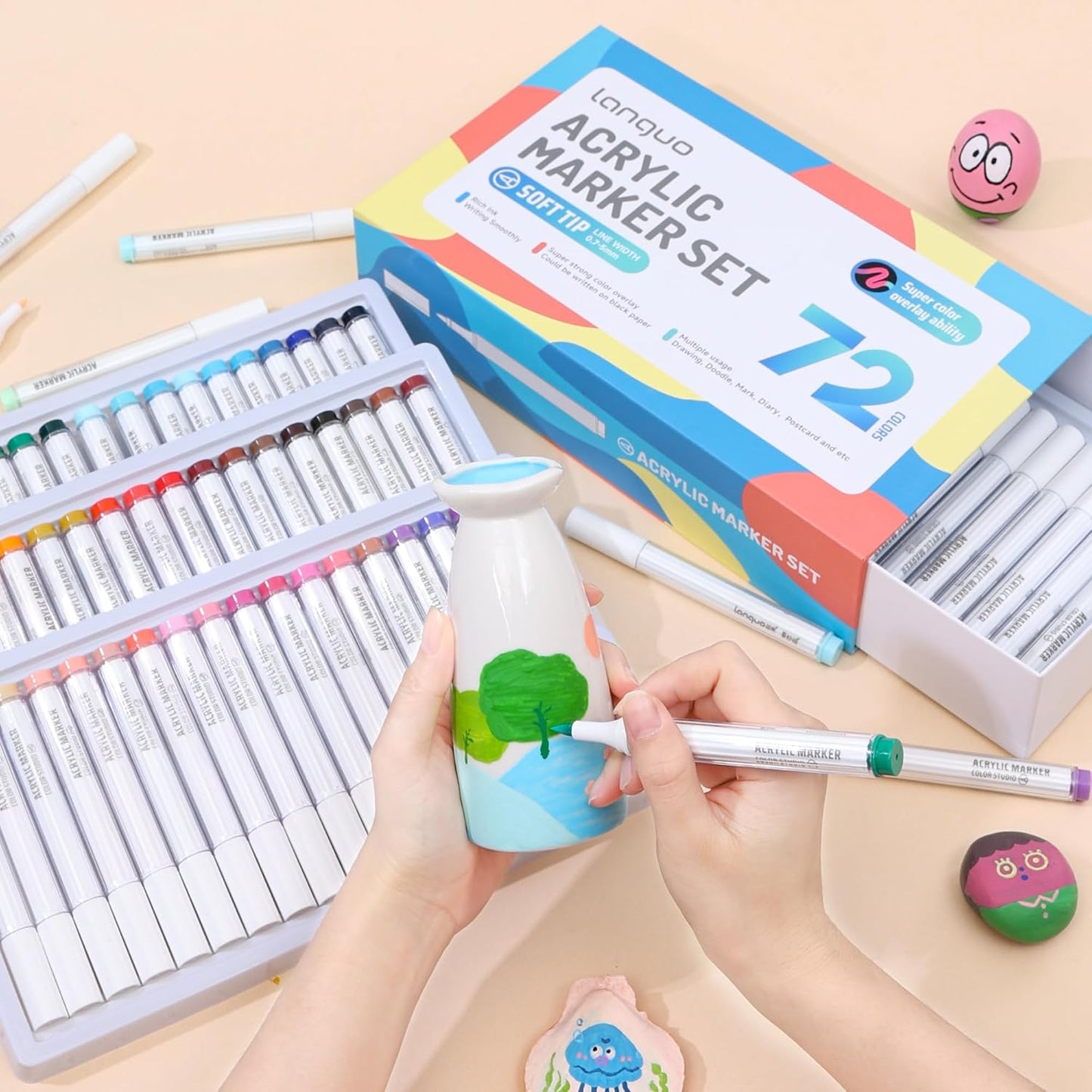 72 Colors Acrylic Paint Markers Set, Soft Brush Tip Acrylic Paint Pens Acrylic Markers for Rock, Egg, Wood, Glass, Canvas Painting, Coloring and Drawing, DIY Crafts Art Supplies