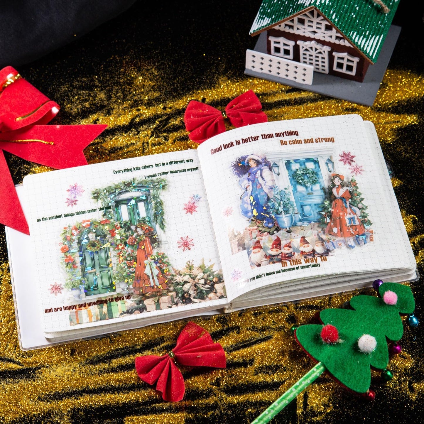 Christmas Party PET Stickers, 60 Holographic Character and Door Designs for Scrapbooking, Journaling, DIY Crafts, and Holiday Decor