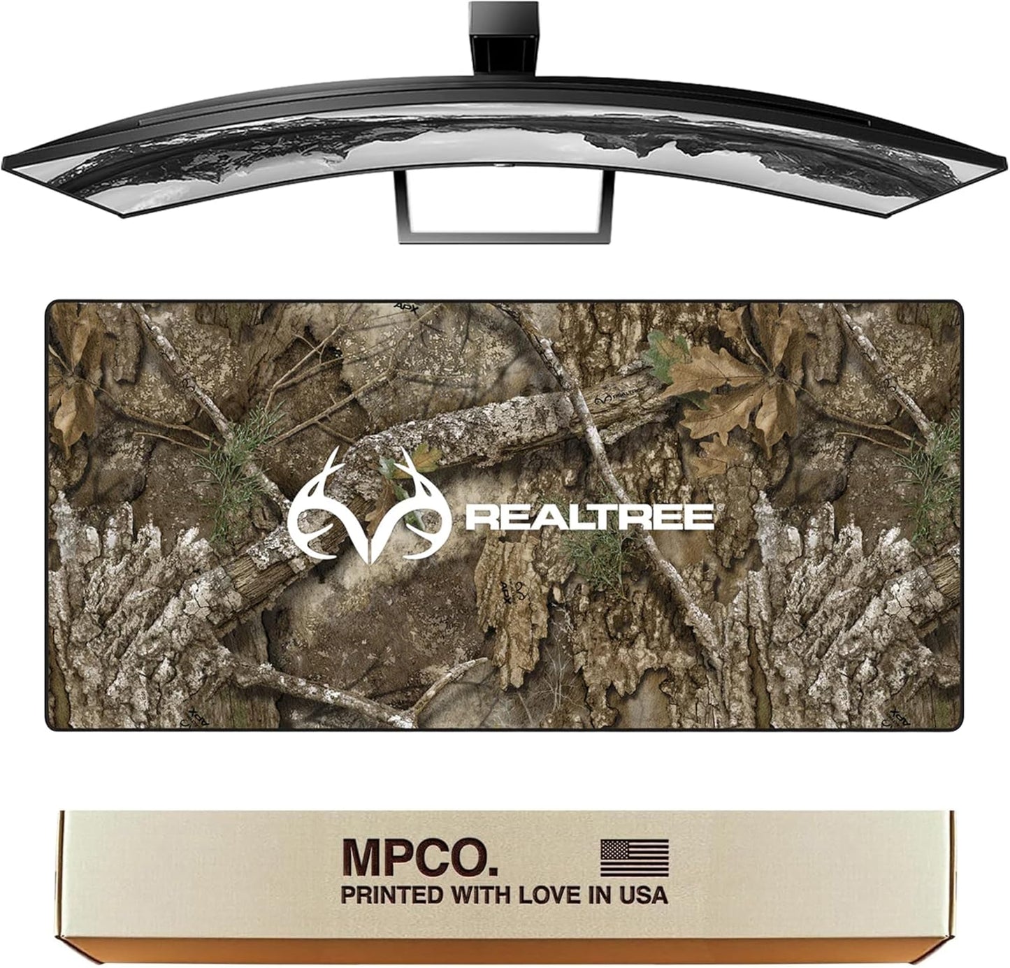 MPCO. Real Tree Large Gaming Desk Pad - 36" x 17" Duraglyde Fabric APX – with Logo Desk Mats - Non-Slip, Washable, Smooth Glide for Precision Gaming & Work