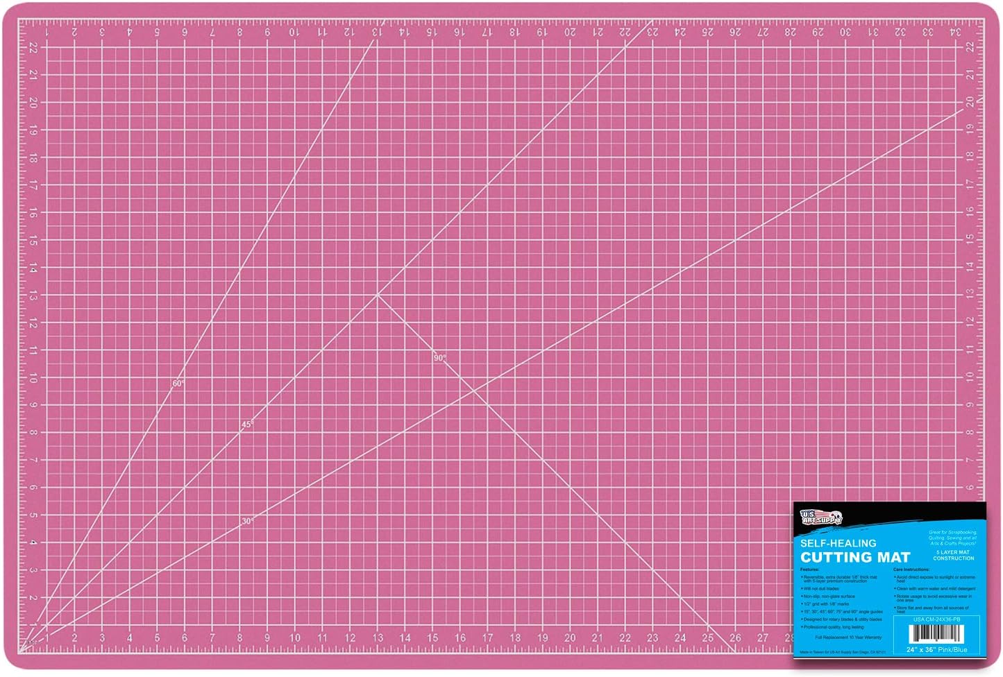 U.S. Art Supply 24" x 36" Self-Healing Cutting Mat 5-Ply - Double-Sided Pink/Blue Craft Mat, Non-Slip Cutting Mats for Crafts, Sewing, Quilting, Scrapbooking