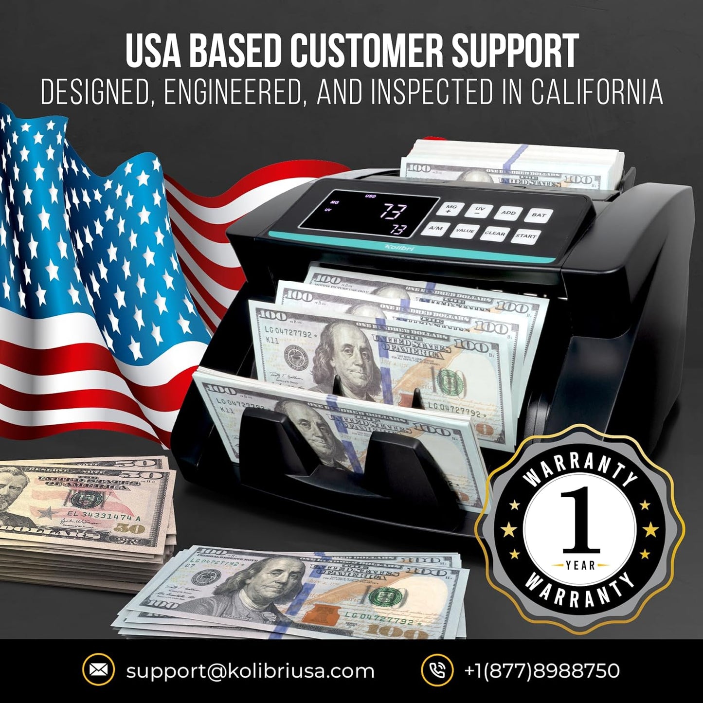 KOLIBRI Money Counter Machine, Advanced Fake Detection & LCD Display | 1,500 Bills per Minute Single-Denomination Cash Counter | Bill Counter Machine (US Customer Support)