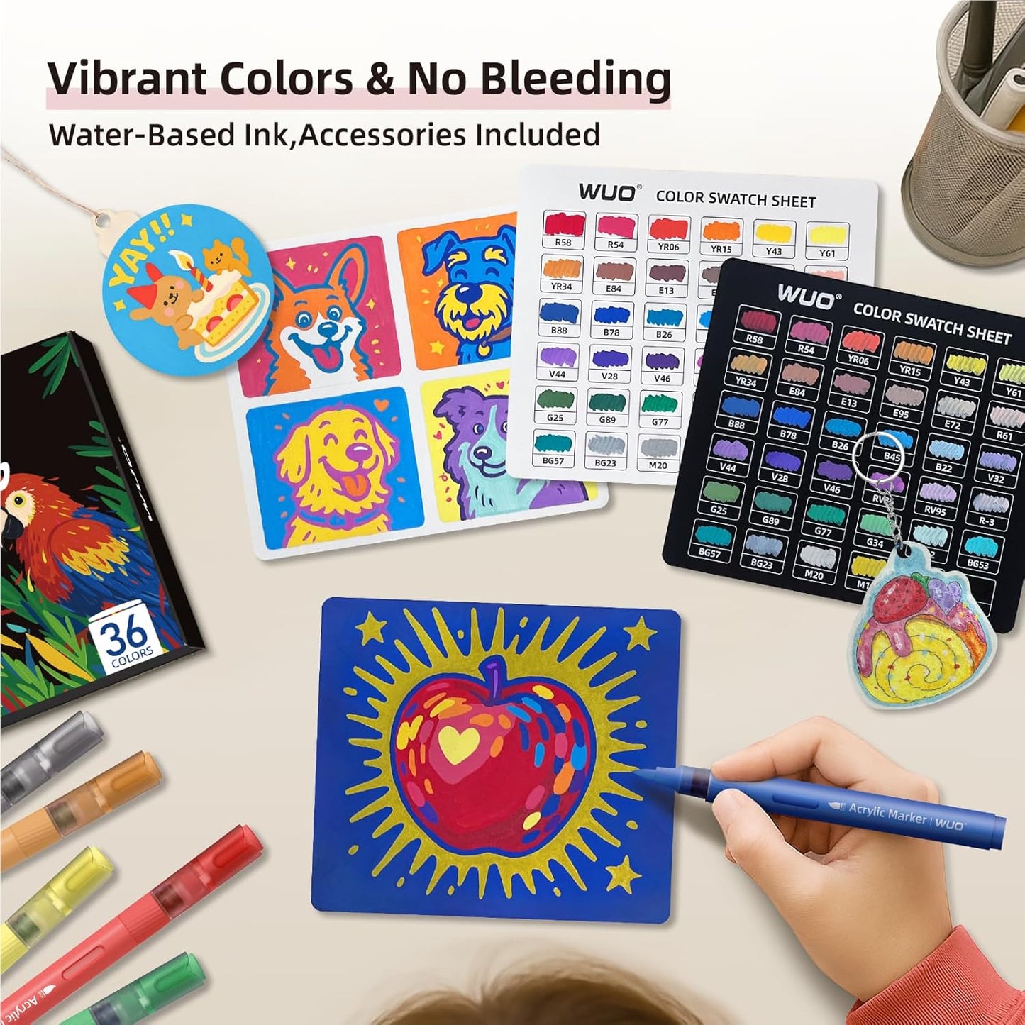 WUO 36 Colors Acrylic Paint Markers (2 Metallic), Automatic Ink Control Brush Tip for Multi-Surface Acrylic Paint Pens for Rock Painting, Wood, Canvas, Glass, DIY Art