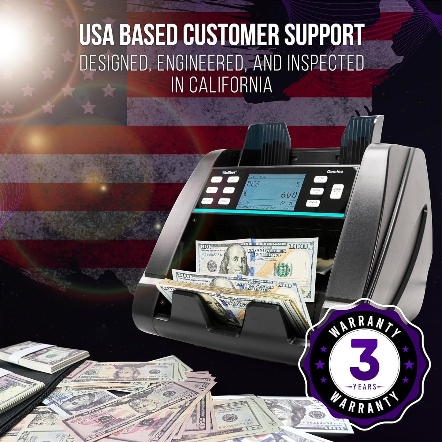 KOLIBRI Money Counter Machine, Domino Mixed Value Cash | 2 CIS UV/MG IR/MT SN/DV IRT Fake Detections Money Counting Machine | 3-Year Warranty (US Tech Support)