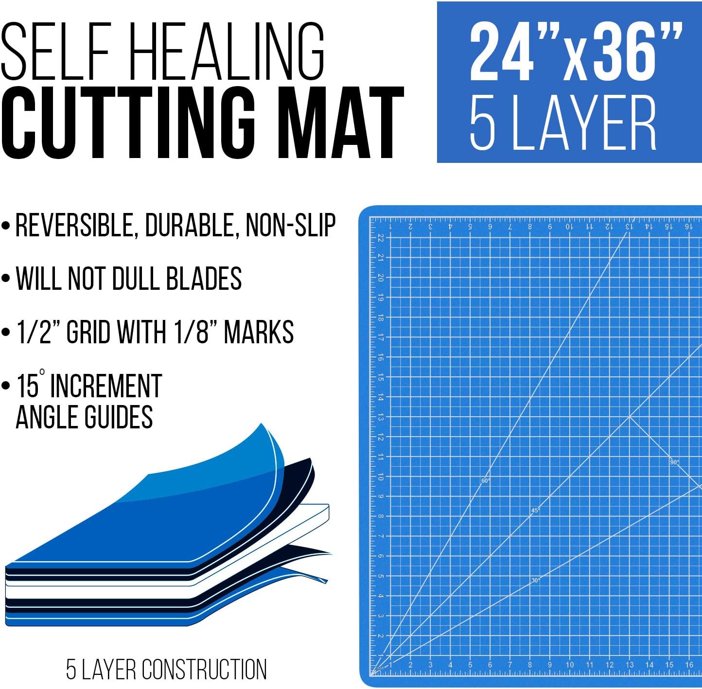 U.S. Art Supply 24" x 36" Self-Healing Cutting Mat 5-Ply - Double-Sided Pink/Blue Craft Mat, Non-Slip Cutting Mats for Crafts, Sewing, Quilting, Scrapbooking