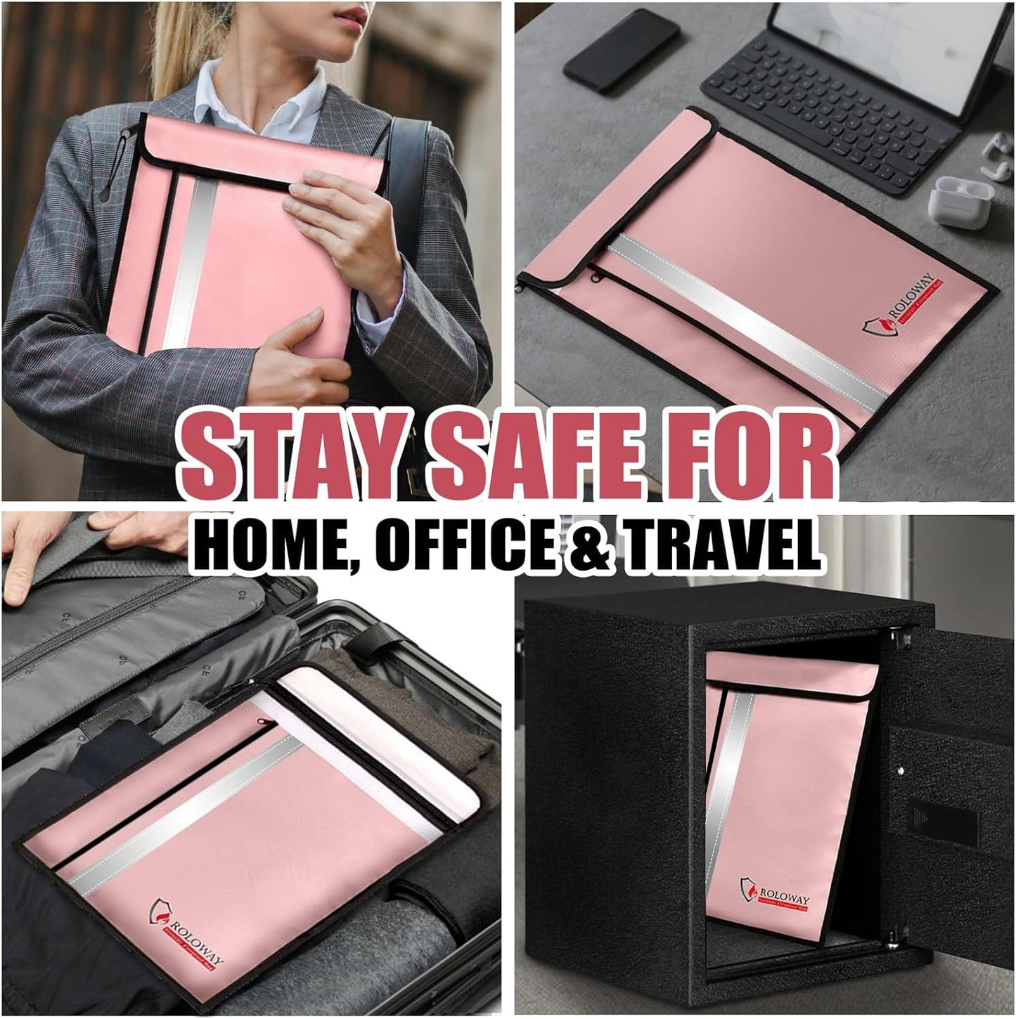 ROLOWAY Fireproof Document Bag (15.5 x 11.5 inch) with 2 Pockets and 5200℉ Aluminum Foil Layer, Fireproof Bag for Document Safe Fireproof Document Bag, Fireproof Money Bag (Pink)