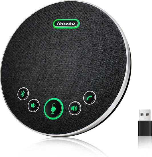 Tenveo Conference Speaker Microphone, Bluetooth/Dongle/USB Connectivity, 360° Sound Pickup and AI Noise Reduction, Compatible with Zoom, Teams, OBS, Supports 10-12 People for 8 Hours of Talk Time