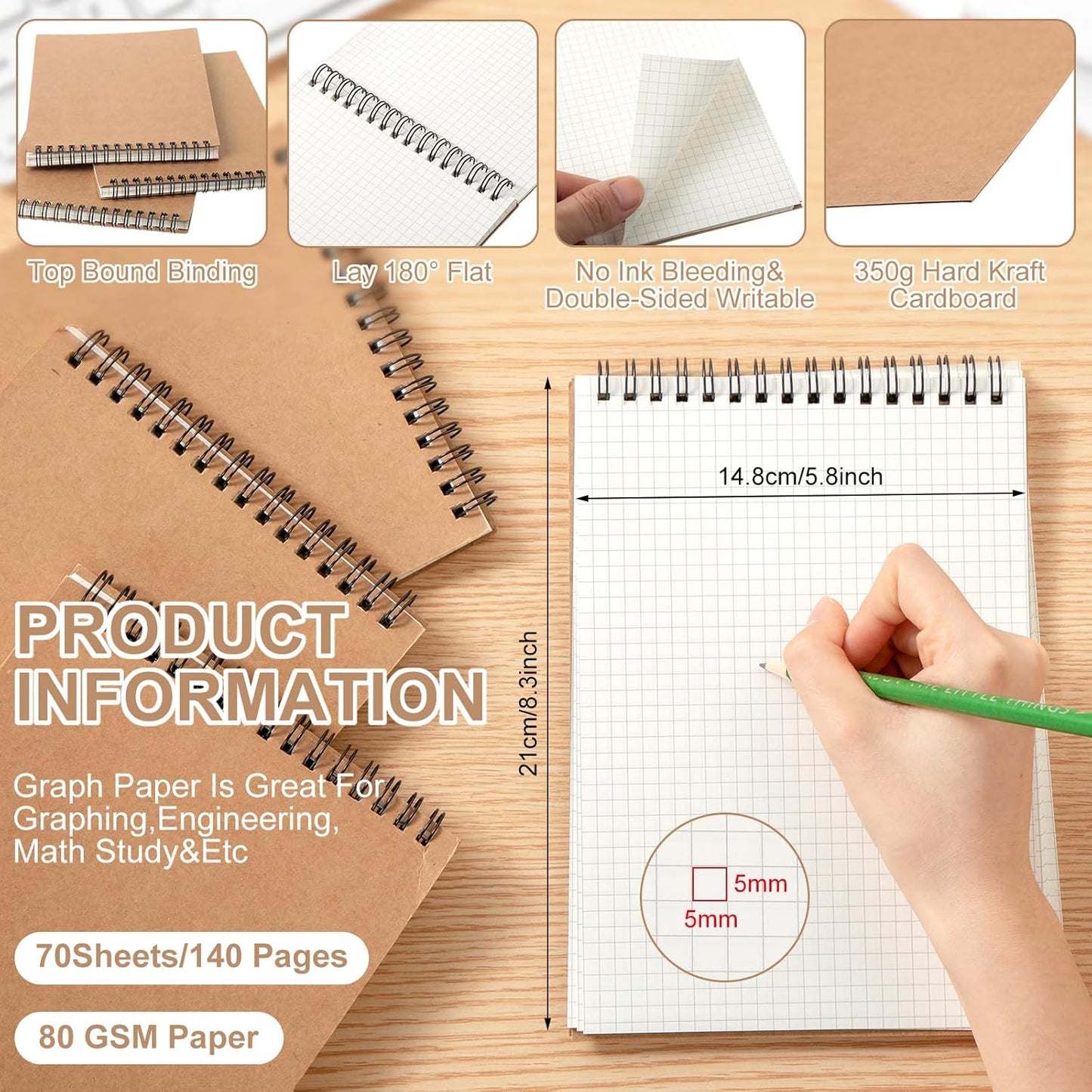 1 Pack Graph Paper Spiral Notepad A5 Top Wirebound Notepad Grid Notebook Steno Pads Memo Notebook Grid Paper 140 Pages for Writing Sketching Drawing Office Supplies (Kraft)