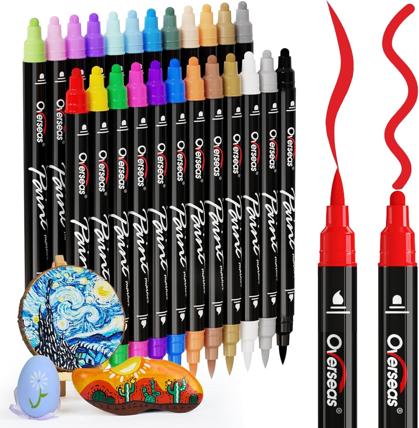 Overseas 24 Dual-Tip Acrylic Paint Markers Pens - Acrylic Paint Pens with Brush and Dot Tip, No Bleeding Coloring Marker for Wood, Rock, Glass, Metal, Ceramic, Plastic, Fabric, Teacher Supplies