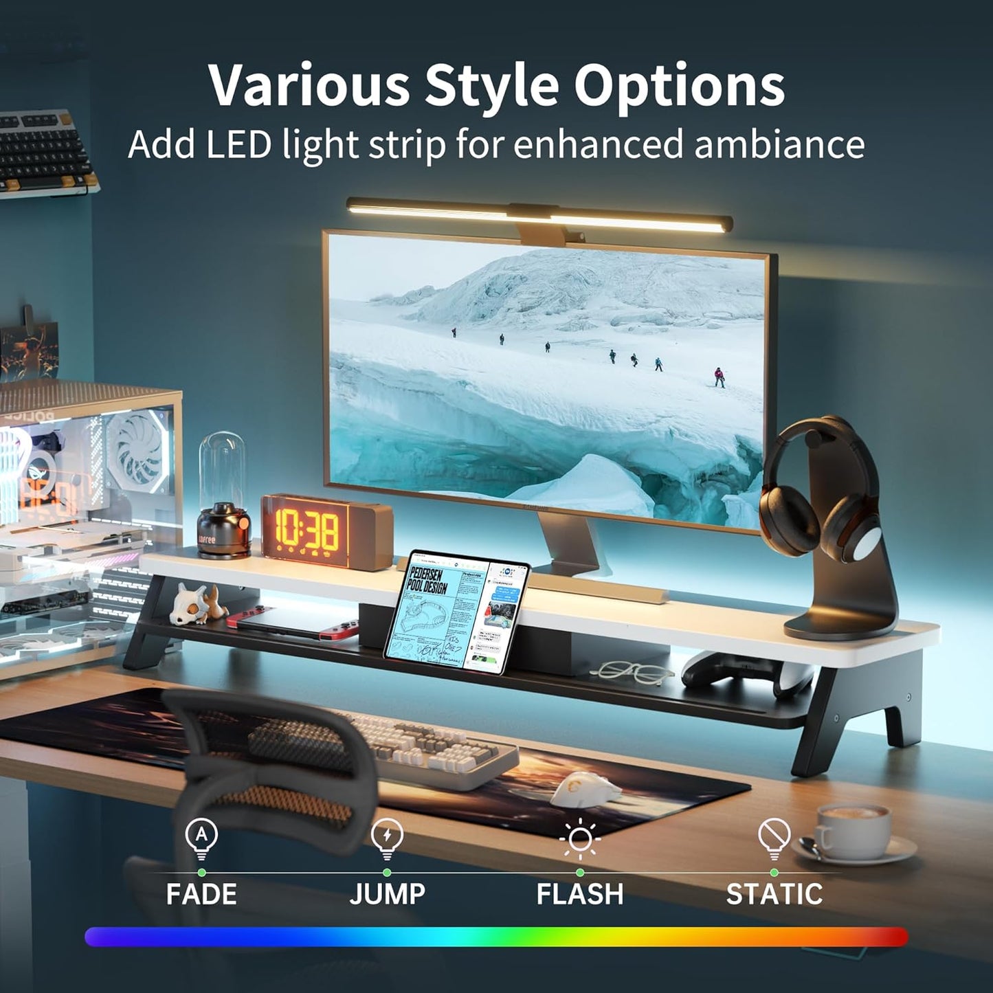 Dual Monitor Stand Riser,LED 2-Tier 39.3 Inch Computer Monitor Stand for 2 Monitors,Office Desktop Organizer with Storage Drawer and Phone Holder for Laptop,PC,Computer,Printer,White