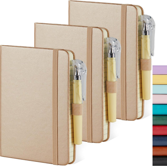 3 Pack Small Notebook 3.7" x 5.7" with Pen, Mini Pocket Size Journal Notepad 100GSM Thick Paper No Bleed, 408 Pages, Note Pad Note Book for Work, Champagne Gold