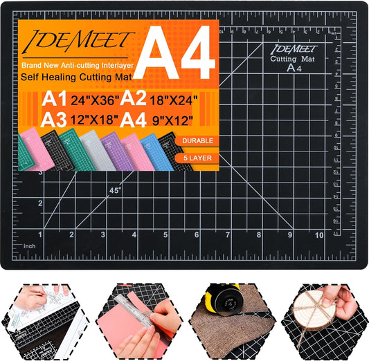 Density-upgraded 9"x12" Self Healing Cutting Mat, Idemeet Rotary Sewing Mat for Crafts, 5-Ply Blade Table Protector Cut Board for Fabric Leather Cutting Quilting Modeling Hobby Project, A4, Black