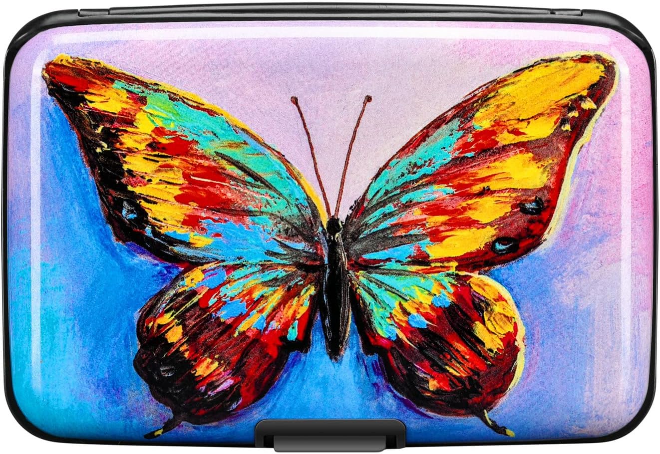 ELFISH RFID Blocking Credit Card Protector Aluminum ID Case Hard Shell Business Card Holders Metal Wallet for Men or Women (One Butterfly)