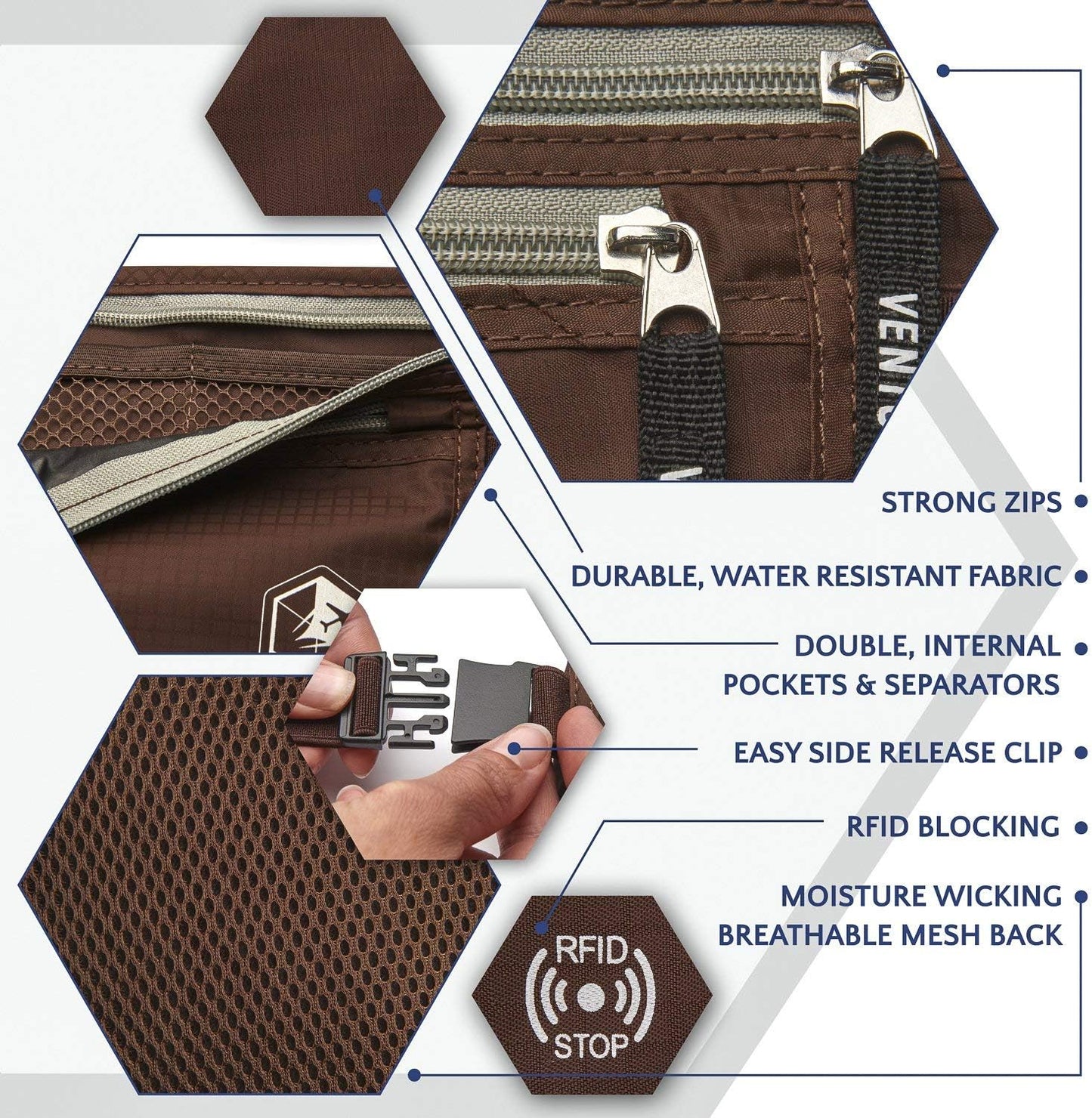 VENTURE 4TH Travel Money Belt - Slim Passport Holder RFID Blocking Travel Pouch to Protect Cash, Credit Cards and Travel Documents (Brown)
