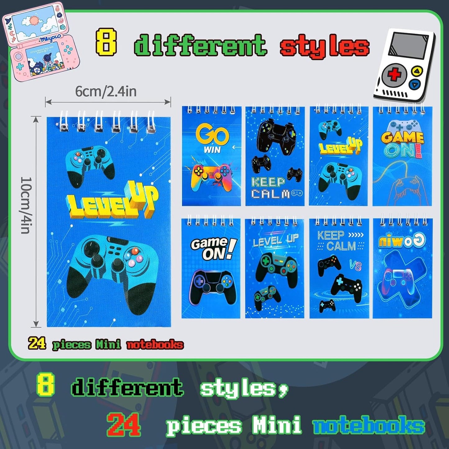 Kolewo4ever 148 Pieces Video Game Theme Stationery Set:100 Pcs Video Game Pencils 24 Pcs Game Pattern Mini Spiral Notepad Memo Pad 24 Pcs Game Metal Charms Bookmarks (Style-2)