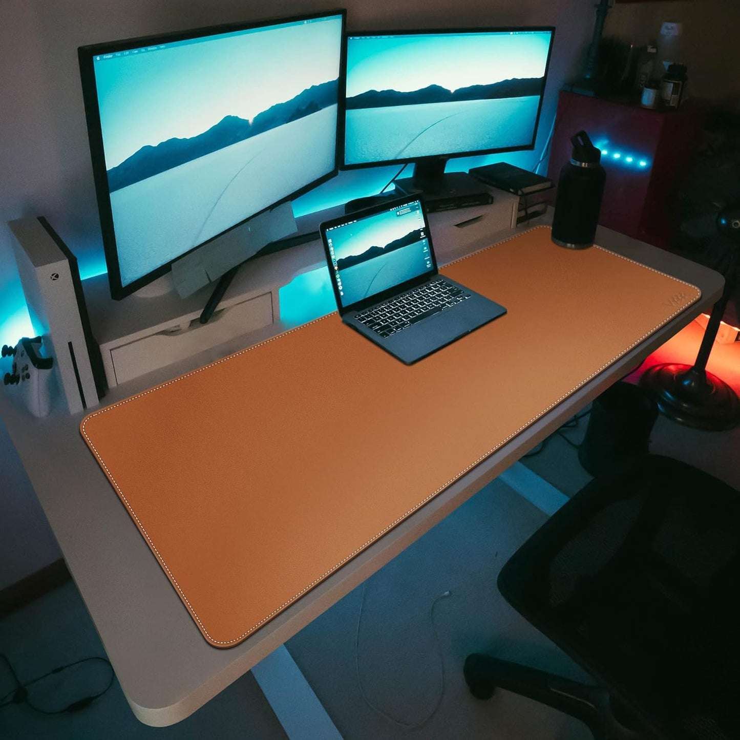 Desk Mat on top of Desks, Vyaaa 55" x 23.6" PU Leather Desk Mat, Large Desk Blotter Pad for Office, Home, Gaming, Computer, Laptop, Keyboard and Mouse - Light Brown