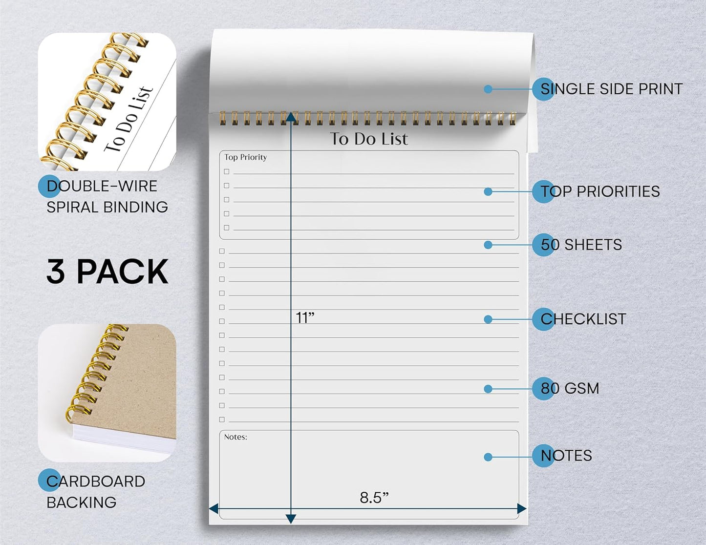 Better Office Products To Do List Notepad, 8.5" x 11", Planning Note Pad, 50 Sheets, Double Wire Spiral, Daily Agenda Productivity Checklist Organizer,(3 Pack)