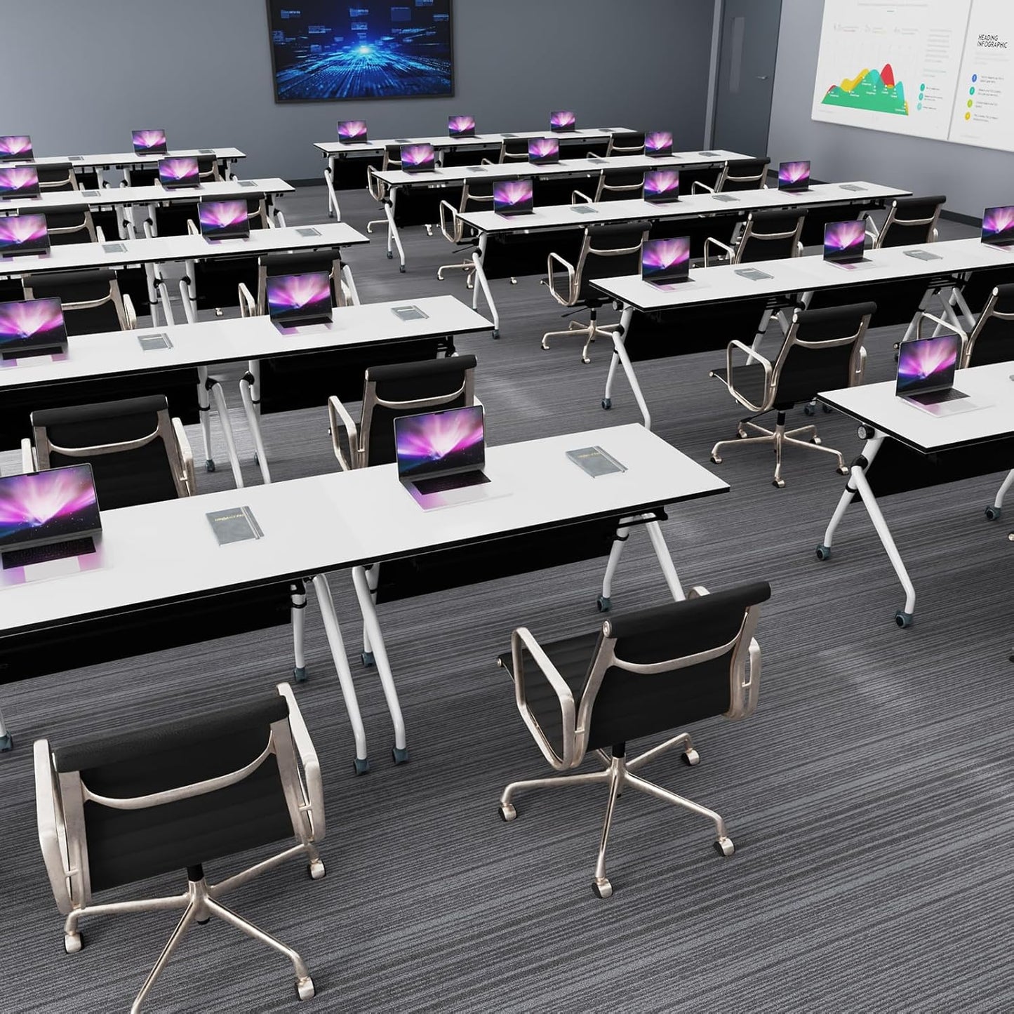 Conference Table, Folding Conference Room Tables, Mobile Training Tables with Silent Wheels, Large Rectangular Modular Seminar Table Office Computer Desks for Classroom White (2Pack L70.9in)