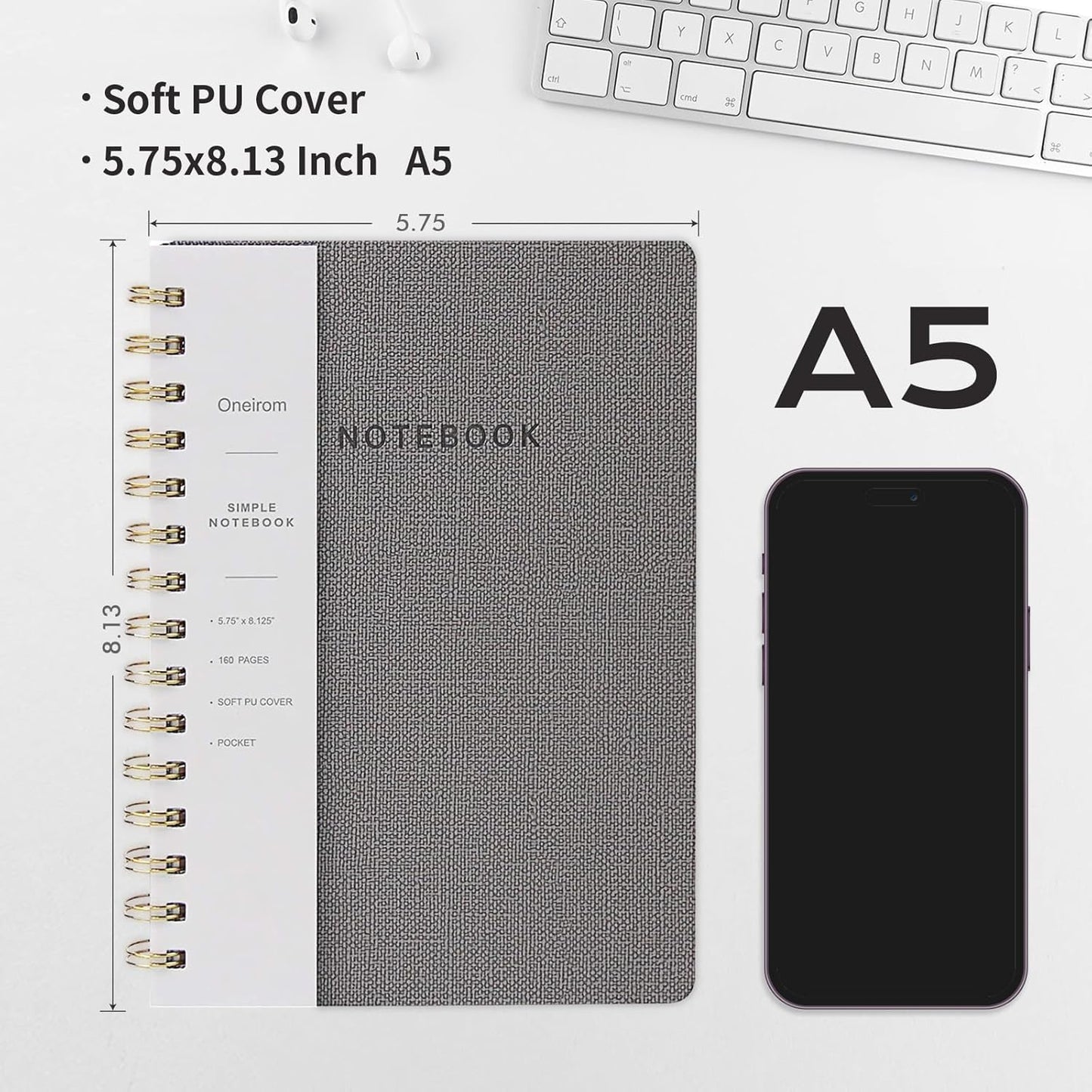 Spiral Notebook-5.75" x 8.125" Journal with Back Pockets and 160 Lined Pages,PU Leather Cover Business Journal, Twin-Wire Binding Notebook Perfect for Office & Home School Supplies