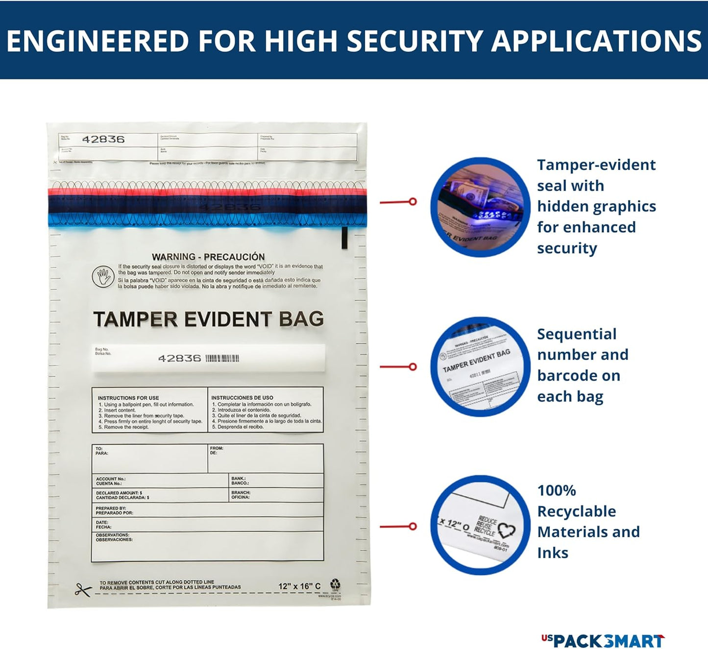 9”x12" Clear Plastic Deposit Bags with Security Tape Tamper Evident - Secure Bank Deposits, Cash Handling, & Currency Transport | Self-Sealing Tape with Hidden Graphics | 100-Pack