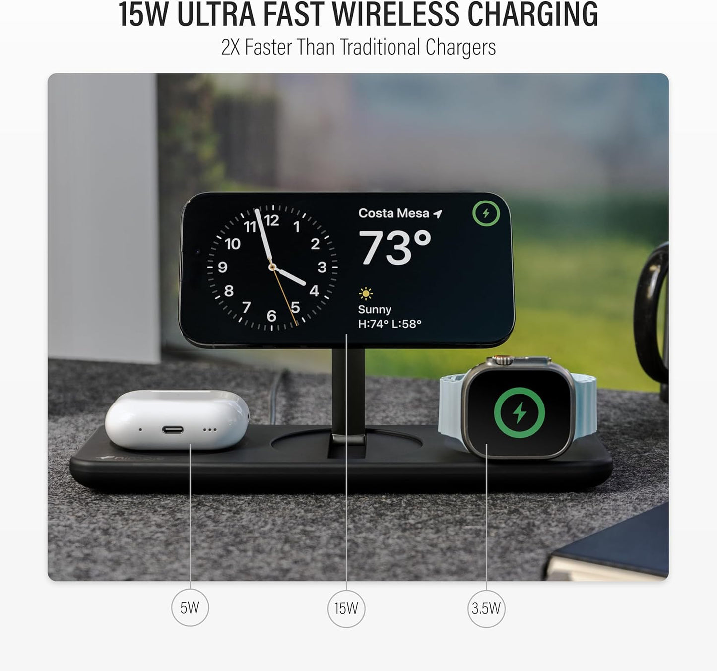 Nimble Podium 3-in-1 Wireless Charging Station for Apple, Qi2-Certified 15W Magsafe Charger Stand, Wireless Charger for iPhone 17 16 15 14 13 - Apple Watch - Airpods Series (Charger & USB-C Included)