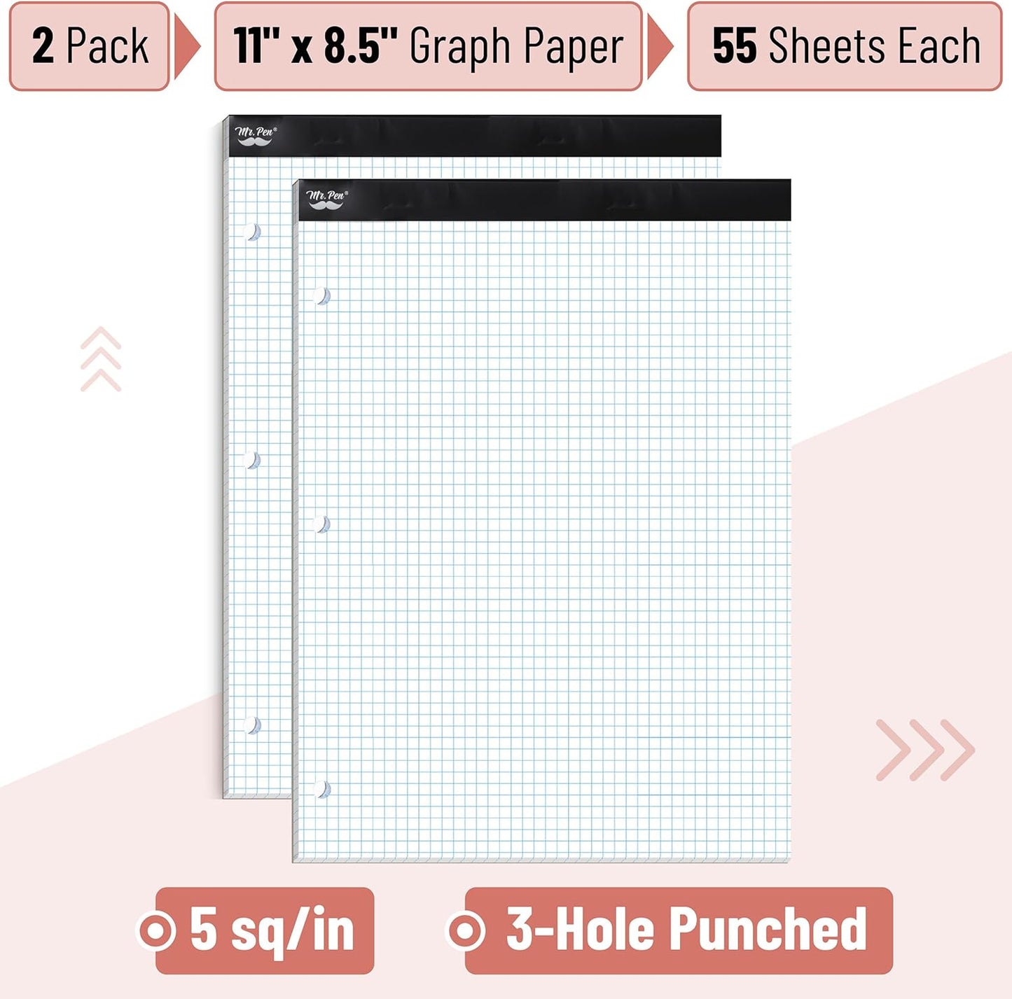 Mr. Pen- Graph Paper, 2 Pack of 55 Sheets, 8.5"x11", 5x5 (5 Squares Per Inch), 3-Hole Punched, Graphing Paper, Grid Paper Pad, Math Graph Paper Pad, Drafting Paper, Computation Pads, Math Paper