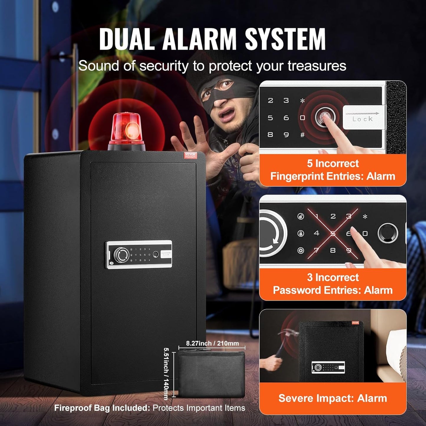 VEVOR Single Door 4.0 cu.ft Safe Box with Key Lock, Password & Fingerprint, Safe Lock Box with Fireproof Bag, Key Rack, LED Light, and 2 Shelves for Money, Documents, Jewelry, and Valuables, Black