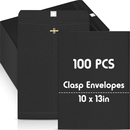 Geyee 100 Pcs Clasp Manilla Envelopes 10 x 13 Inch Gummed Colored Envelopes for Storing or Mailing for Home Office Business Supplies(Black)