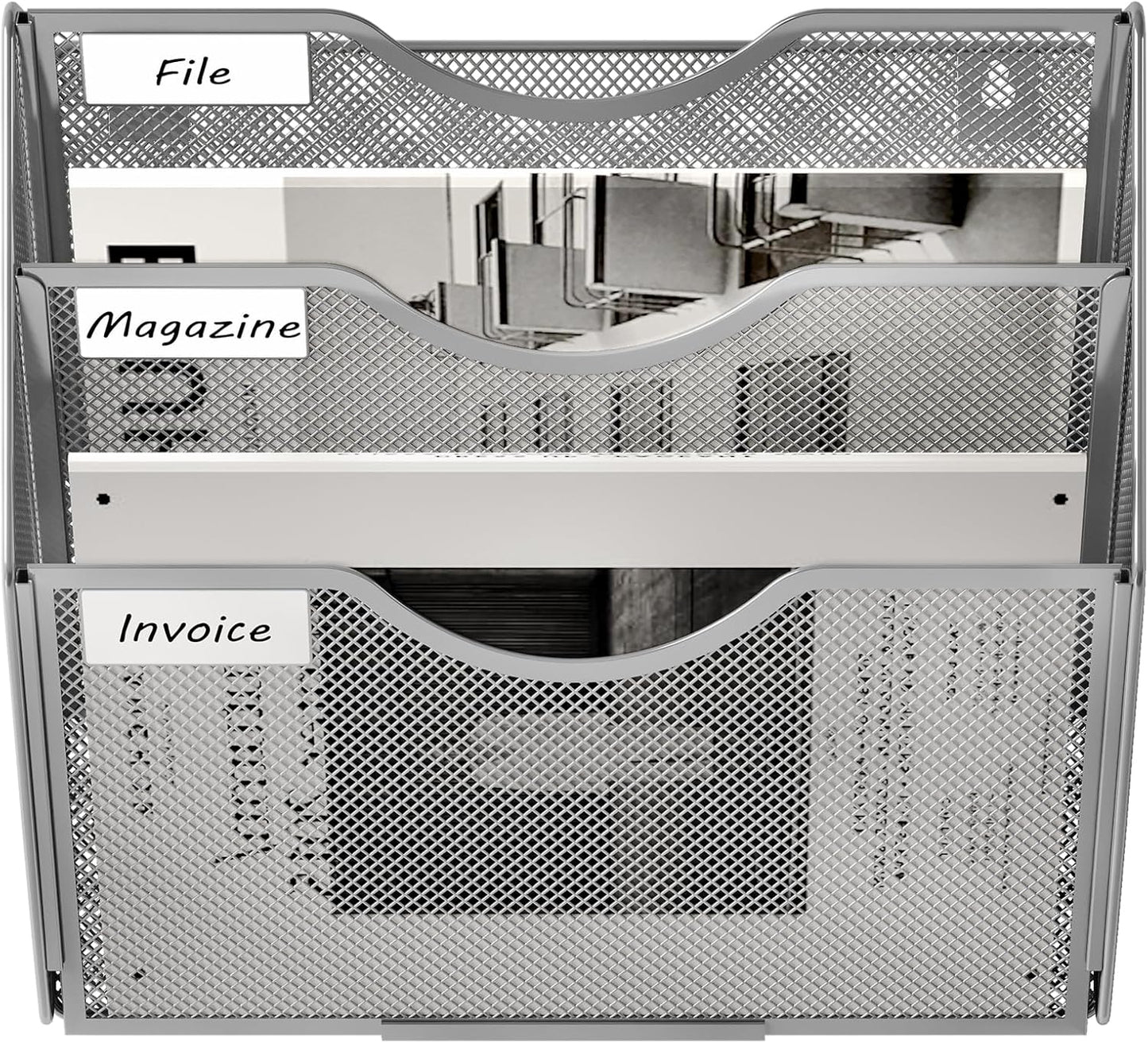EasyPAG Wall File Holder Organizer 3 Pocket Mesh Hanging Wall Mounted Document Paper Folder Filing Magazine Rack with Nametag Label for Office Home School, Sliver