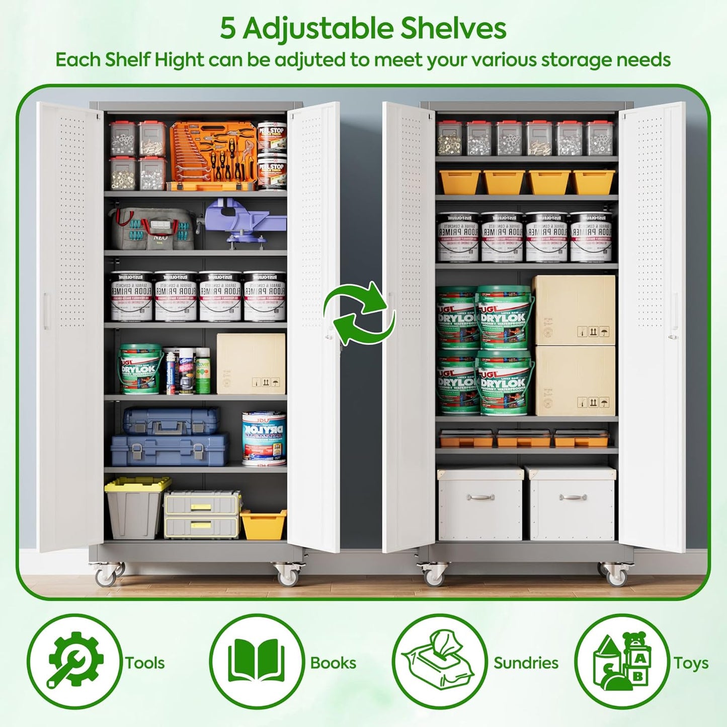 Aobabo Upgraded Garage Storage Cabinets with Wheels,Metal Storage Cabinets with 5 Adjustable Shelves for Garage Home Office Storage, Grey&White,71''H*32''W*16''D,Assembly Required