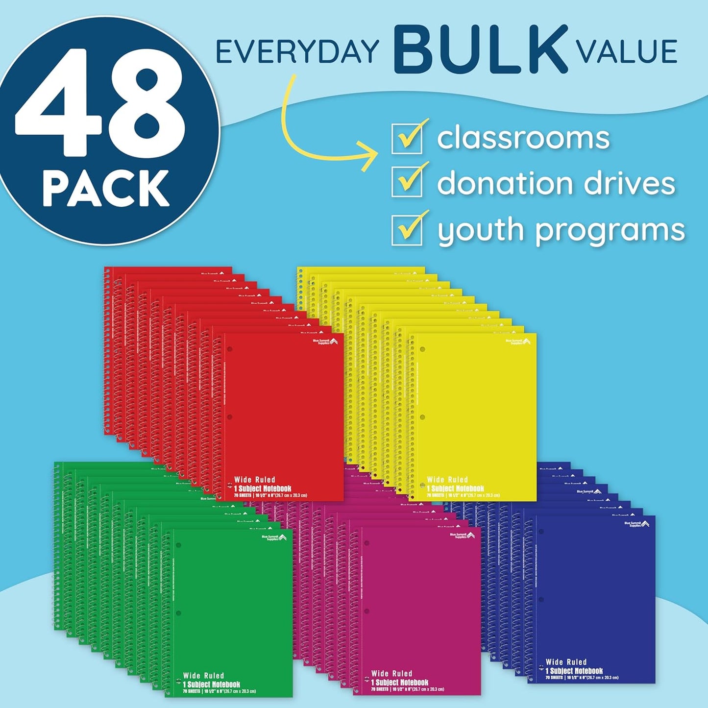 Blue Summit Wide Ruled Spiral Notebooks Bulk, 1 Subject Spiral Notebook Wide Ruled, Paper School Bulk Notebooks, 48 Pack