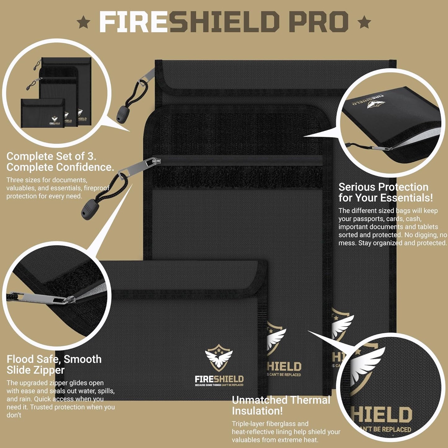 FIRESHIELD PRO Upgraded 2000°F Fireproof Document Bag 3-Pack – Fire & Water Resistant Money Pouch for Cash – Safe Storage for Family Photos, Jewelry, Passport & Important Documents – Size: S, M & L