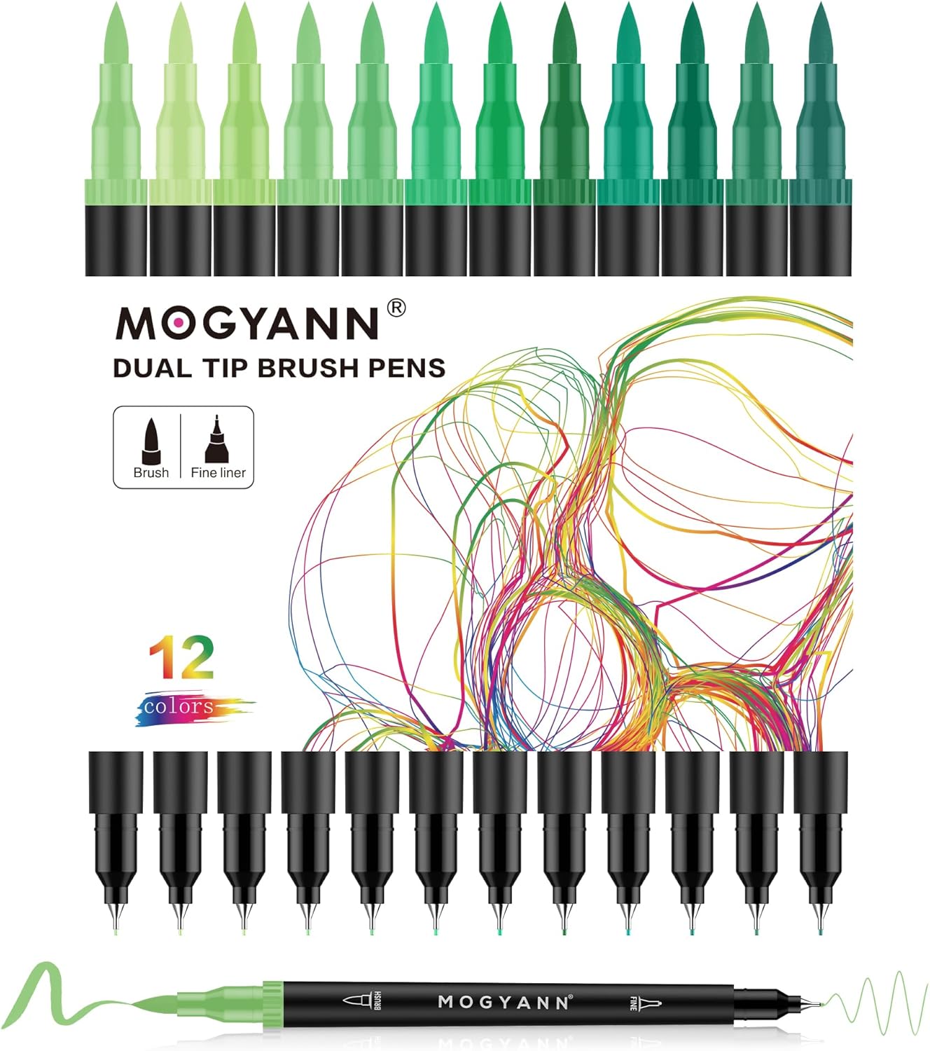 Mogyann Green Markers, 12 Pack Dual Brush Pens Drawing Markers for Art Sketching
