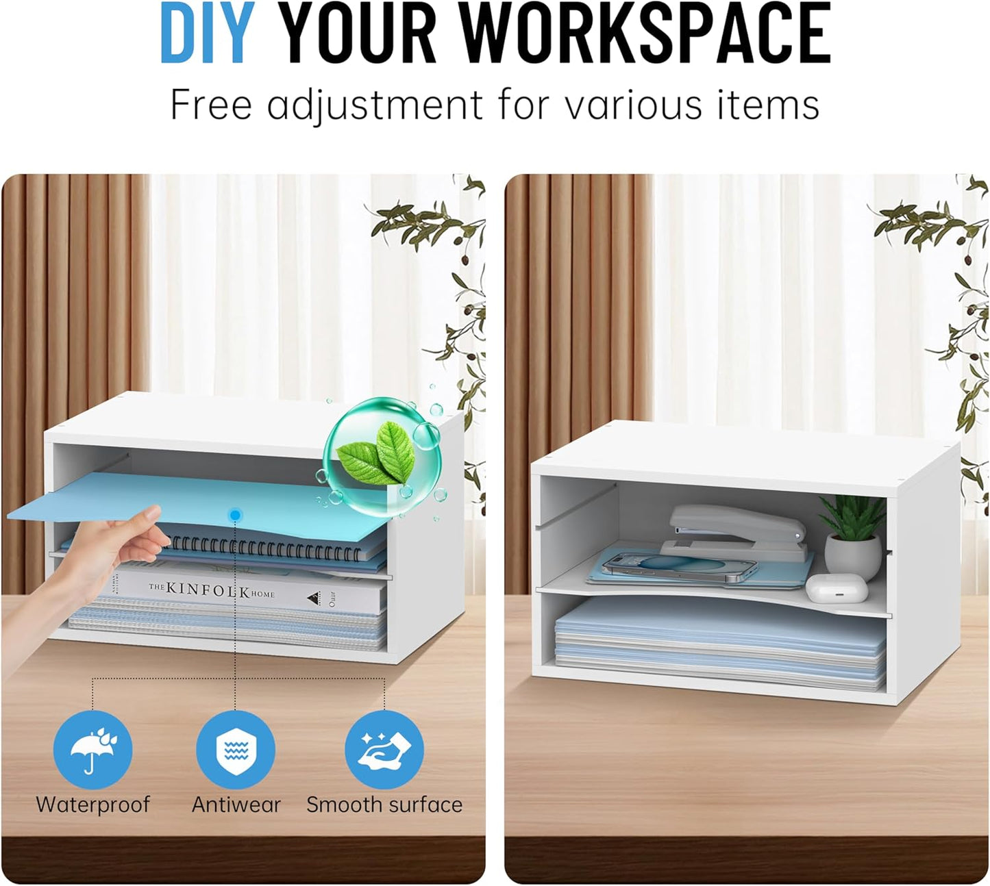 Wood Desk Organizer, 3 Tier Paper Tray Organizer for Desk with Adjustable Storage Shelves, Desktop Paper Sorter Mail Holder for Office Home Classroom, White