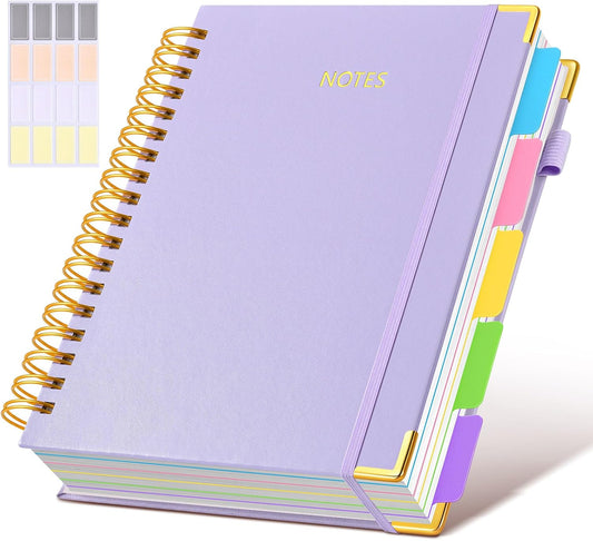 Hardcover Spiral Notebook journal with Removable Dividers Tabs, 300 Pages Leather 5 Subject Notebook College Ruled, 8"x10" Large B5 Notebooks for Work School Note taking,Lined Journal for Women,Purple