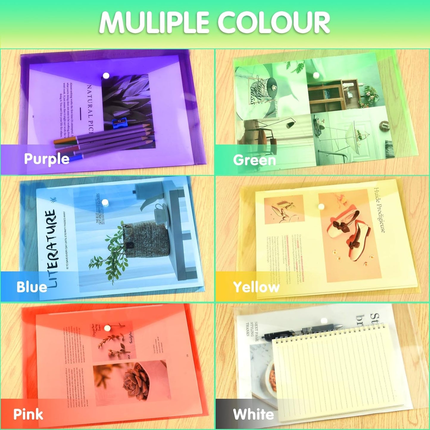 NACHLYNN 18 Pack Plastic Envelopes Poly Envelopes with Snap Closure A4 Size Clear Document File Folders Organizers Assorted Color File for School Office Supplies