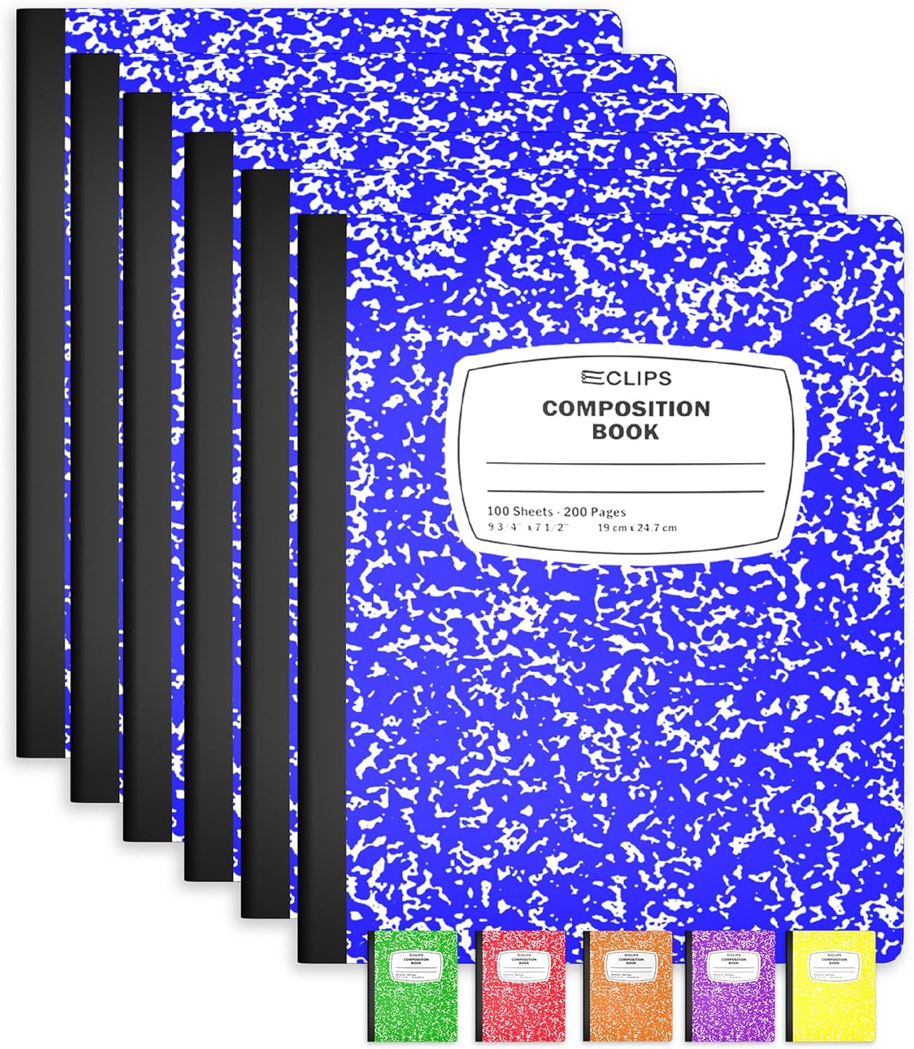 E-CLIPS USA Composition Notebooks, (6 Pack), Wide Ruled Composition Notebook, Marble Composition Notebook, 100 sheets, 200 Pages (6, Blue)