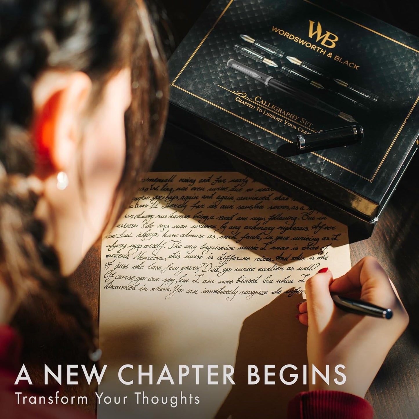 Wordsworth & Black Calligraphy Pen Gift Set, Includes Bottle, 6 Cartridges, Refill Converter, 6 Replacement Nibs, Premium Package, Journaling, Smooth Writing Pens [Black Gold]