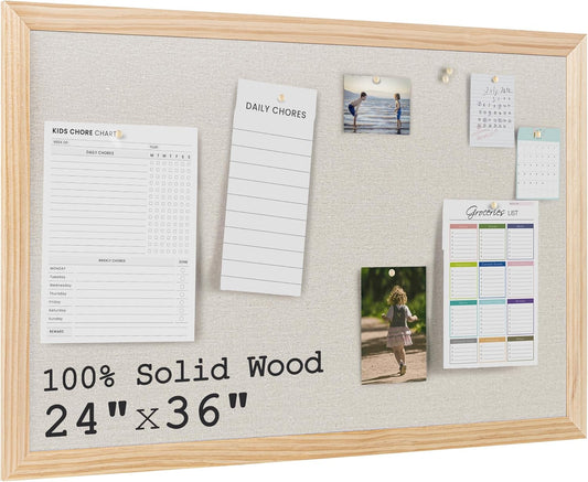 Bulletin Board Cork Board with Linen, 100% Wood Framed 24" x 36" Bulletin Board Decorations, Pin Boards for Walls, Wall Mounted Fabric Picture Board with 10 Pushpins for School, Home & Office, Natural