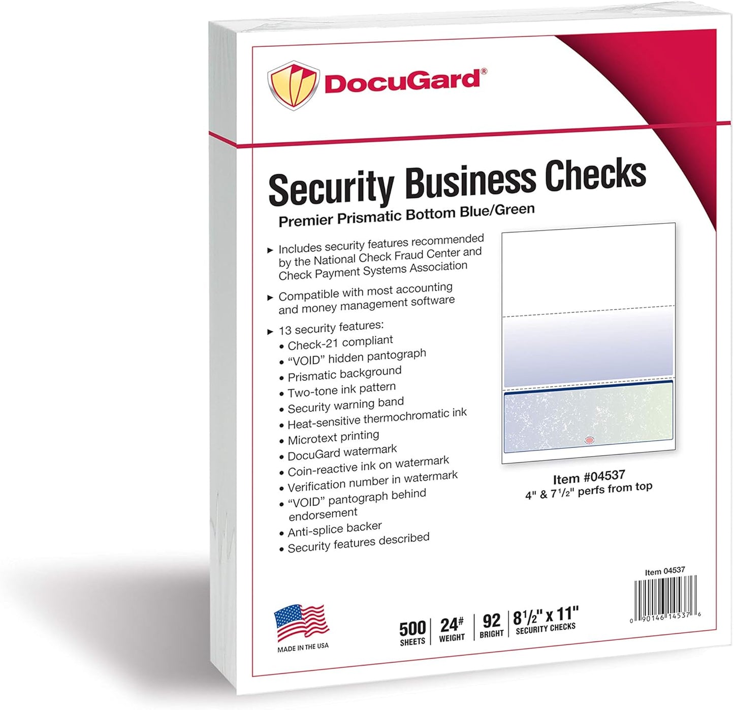 DocuGard Blue/Green Premier Prismatic Bottom High Security Check Paper - QuickBooks & Laser/Inkjet Printer Compatible - 13 Security Features - 500 Blank Business Checks (04537)