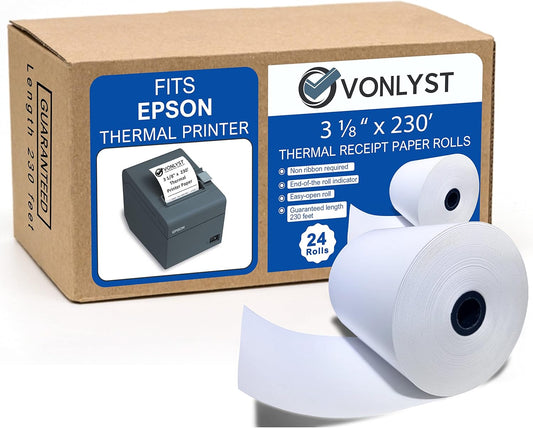 3 1/8 x 230 Thermal Paper Receipt Roll for Epson Printer (Pack 24 rolls)