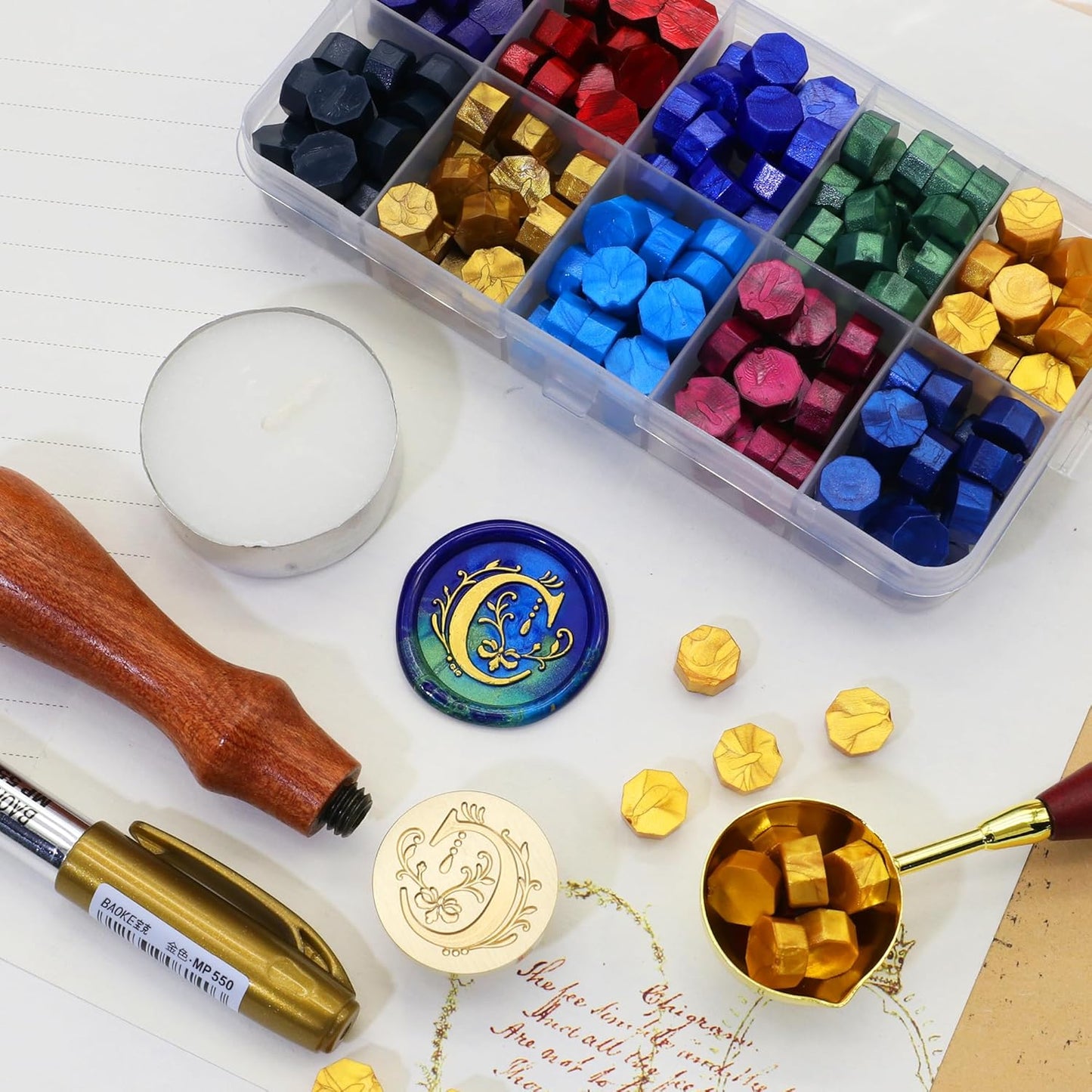 SWANGSA Initial Alphabet C Wax Seal Stamp Kit, Classic Retro Letter Sealing Stamp with 200pcs Sealing Wax Beads Kit for Wedding Invitations Cards Envelopes (C)