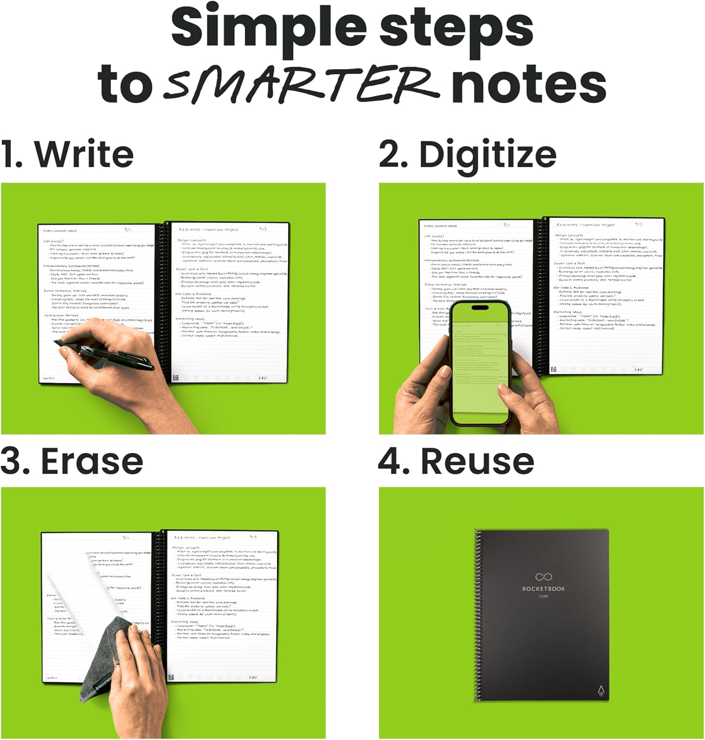 Rocketbook New Core Reusable Spiral Notebook, Letter Size 8.5x11, Black - Lined Pages, App-Connected, Erasable, Durable Cover, Ideal for School, Work, and Creative Projects