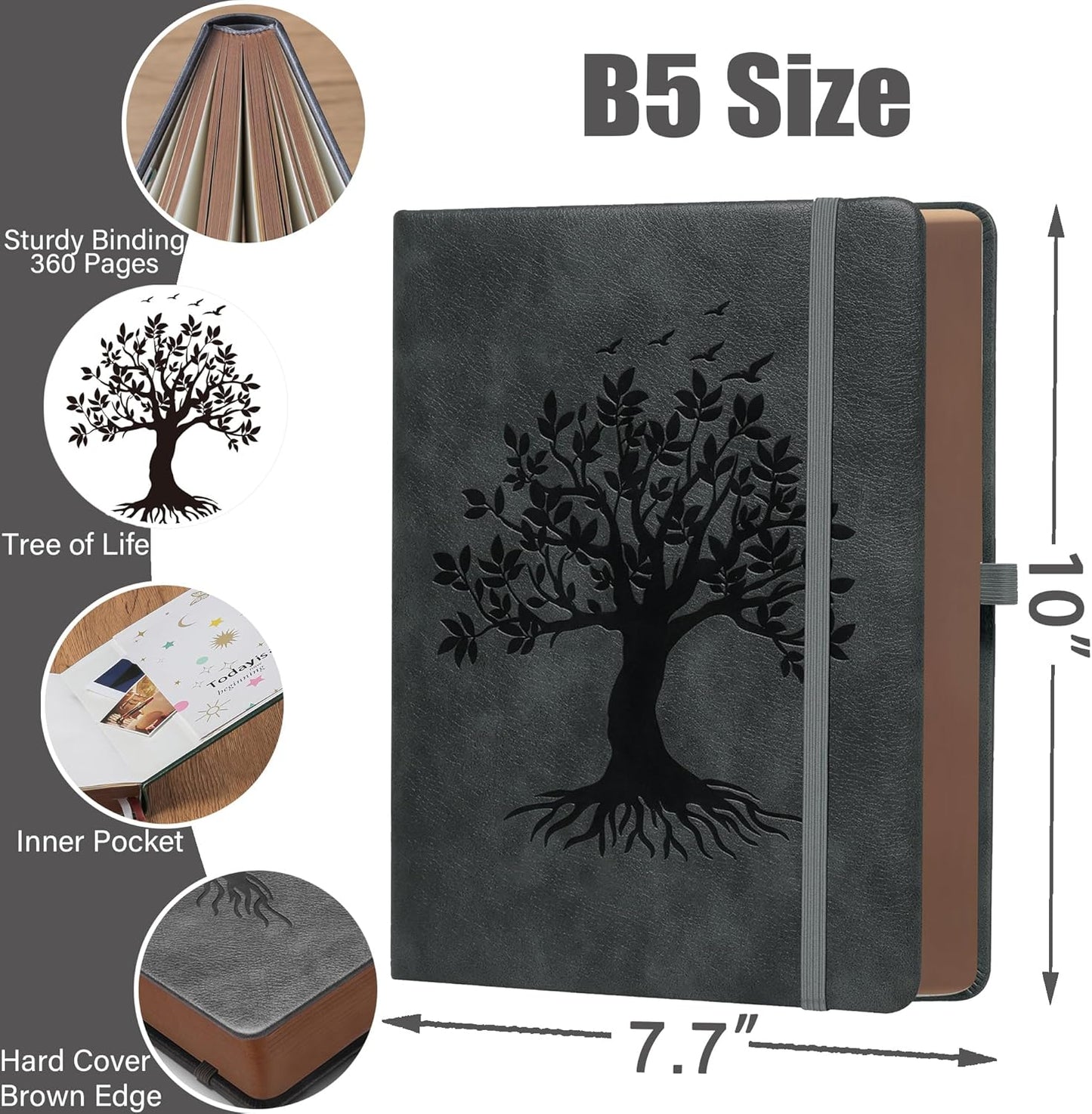 Thick Lined Journal Notebook with Pen, 360 Pages 100gsm Paper, Brown Sprayed Edge, Journal for Writing B5 Ruled Notebook ,Leather Hardcover,Perfect for Work, Office or School, 7.8'' x 10'' Dark Grey