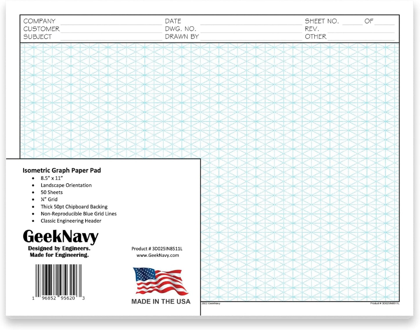 8.5" x 11" Isometric Graph Paper 50 Sheets Landscape - 0.25" Grid, Non-photo Blue, High Brightness, Drafting, Engineering, Art, 3D Design (1-Pack)