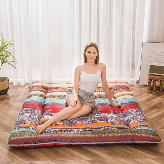 MAXYOYO Bohemian Retro Floor Mattress Vintage Floral Japanese Futon Mattress Roll Up Thicken Sleeping Bed Portable Camping Mattress Floor Lounger Couch Bed Mattress Pad, Full Size