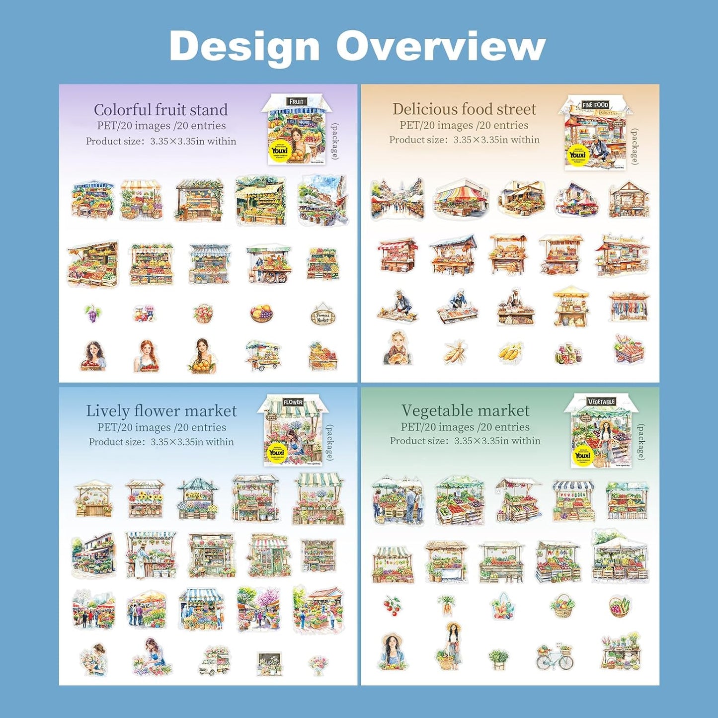 Farmers Market PET Stickers, 80PCS Bazaar-Themed Journal Supplies for Scrapbooking, DIY Crafts, and Planner Embellishment