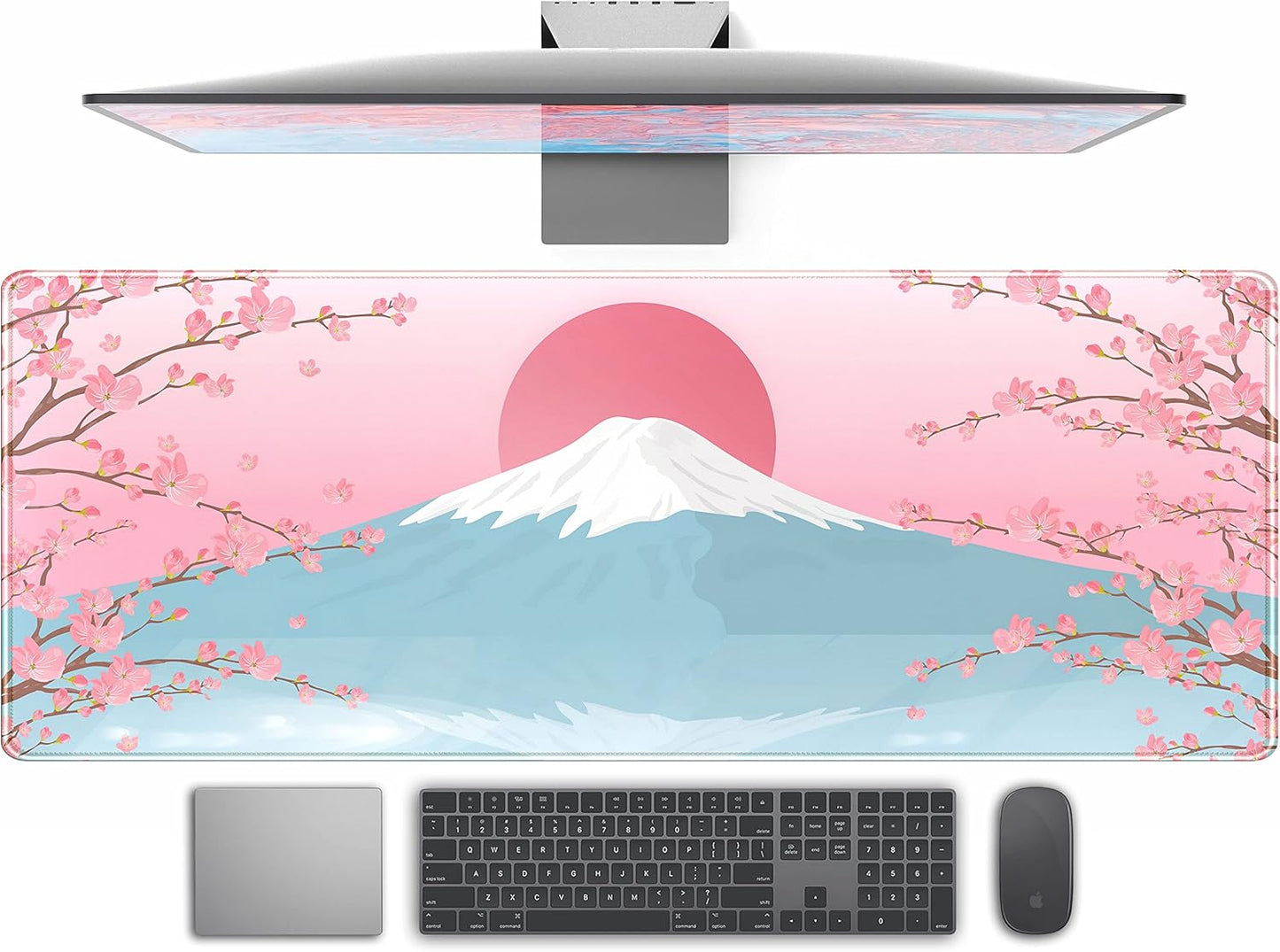 Aesthetic Japanese Cherry Blossom Desk Mat Cute Pastel Blue Color XL Sakura Gaming Mouse Pad Anime Mousepad for Women Desk Office Girl Gamer Cherry Blossoms Mouse Pads Fun Desktop Mat 31.5x11.8 in