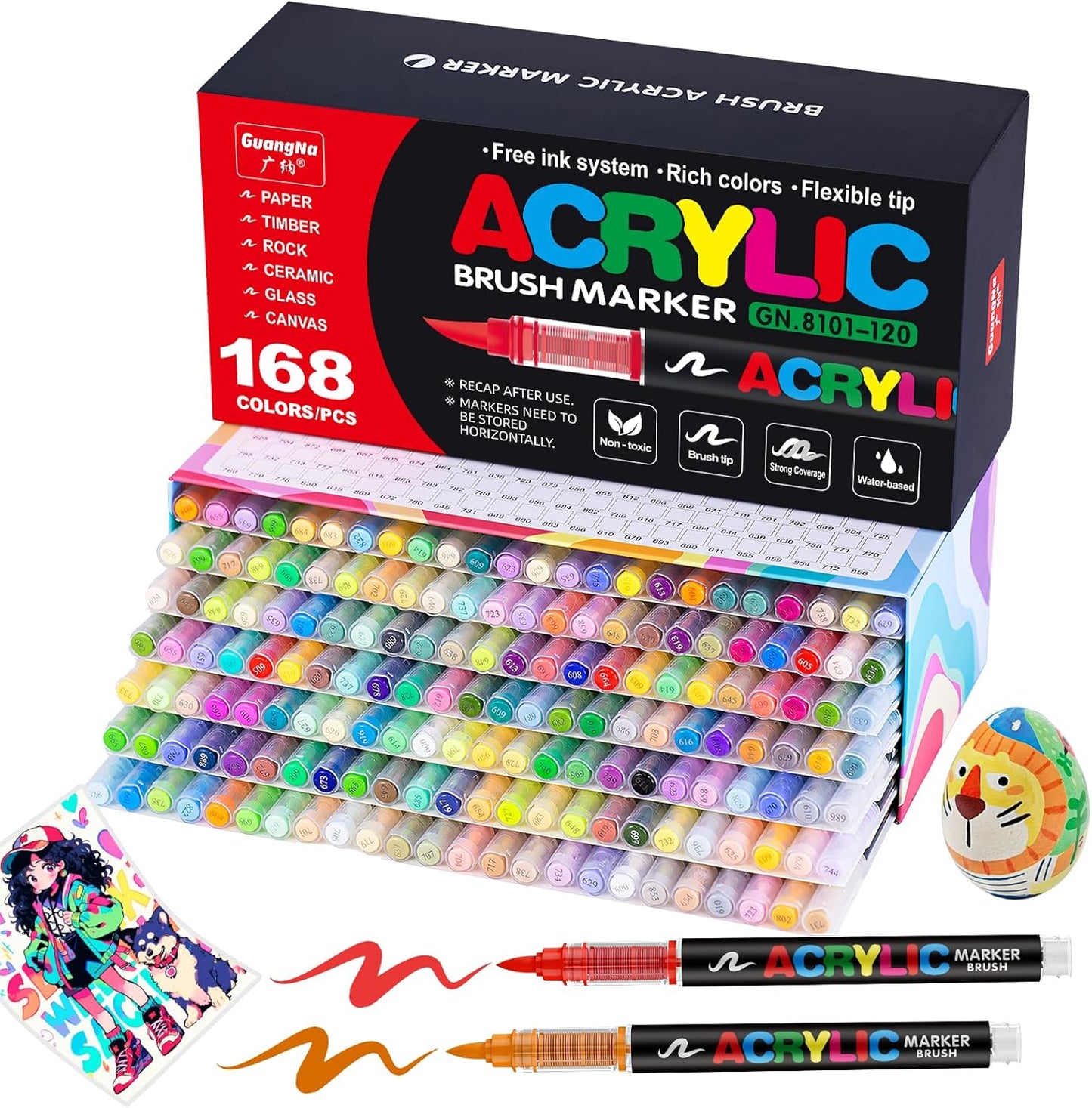 JRQ 168 Colors Acrylic Paint Markers, Brush Tip Acrylic Paint Pens for Wood Rock Glass Canvas Stone Fabric Glass Metal Ceramic Canvas DIY Crafts Art Supplies Kids Gifts